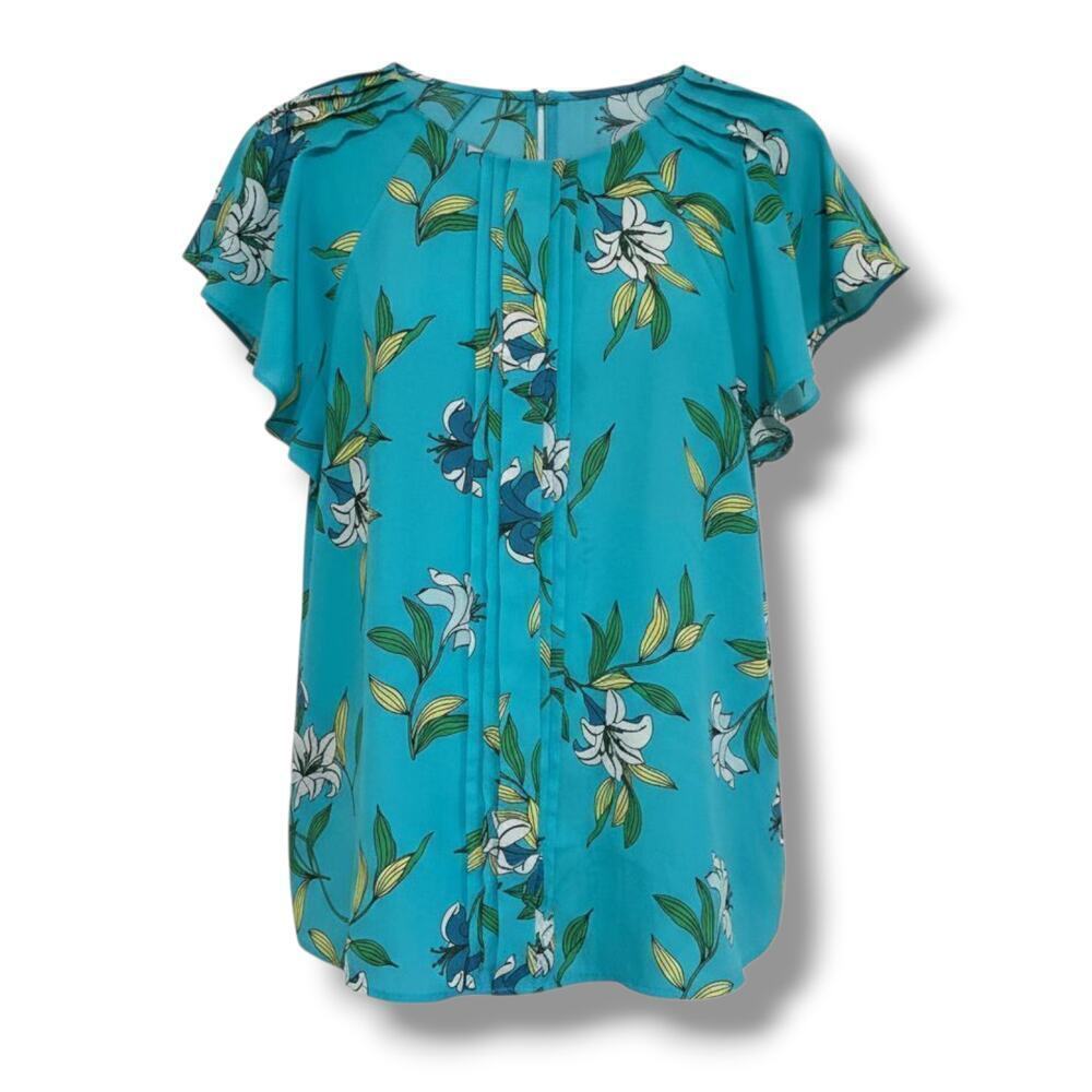 Worthington Petite Women’s Teal Floral Flutter Sleeve Blouse – Size PS